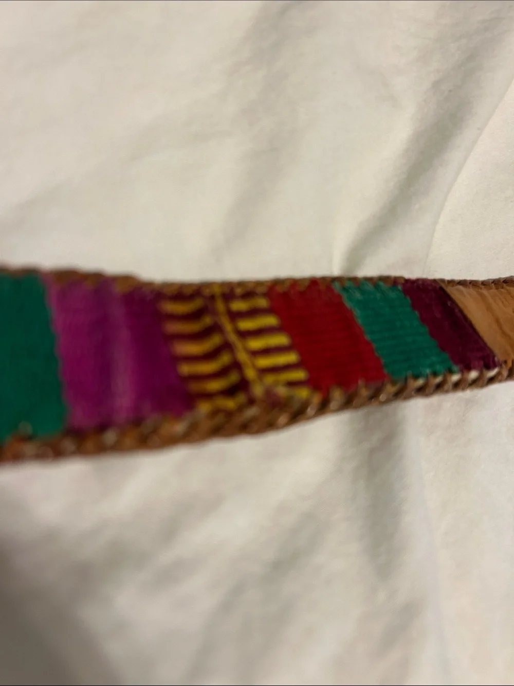 Vintage Mexico brown Leather Belt with Multicolor Woven Accent